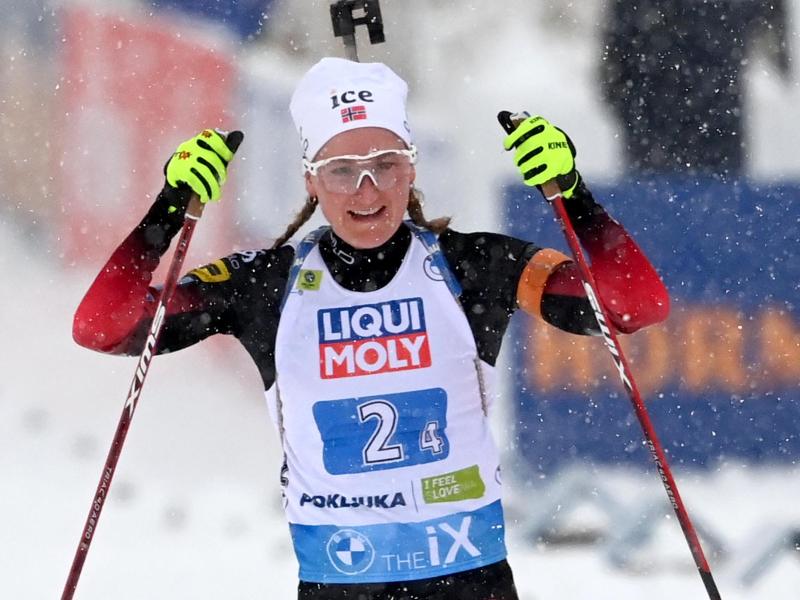 Marte Olsbu Röiseland sicherte sich mit der norwegischen Mixed-Staffel schon ihren zehnten WM-Titel. Foto: Sven Hoppe/dpa