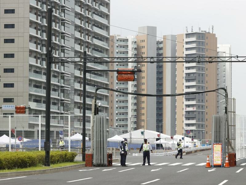Das Athletendorf für die Olympischen Spiele in Tokio steht im Hafenviertel Harumi. Foto: ---/Kyodo/dpa