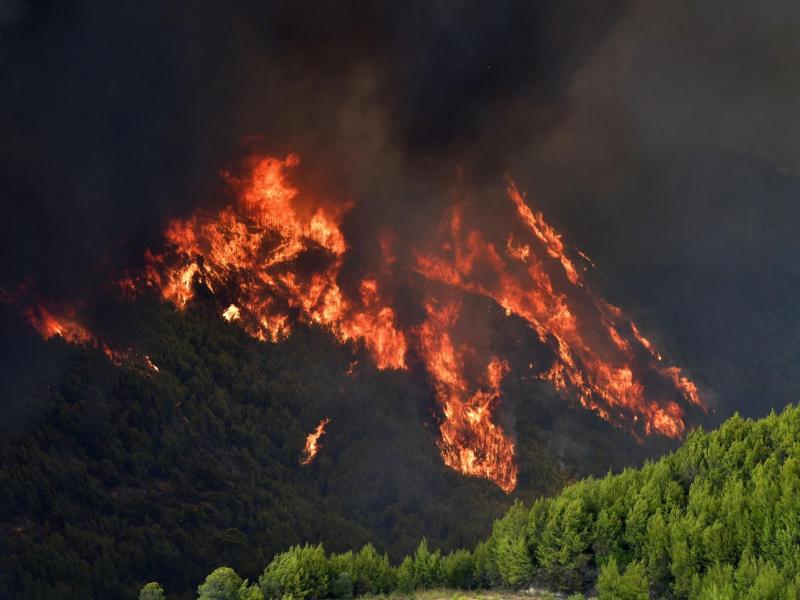 Ein Waldbrand wütet unweit des Ortes Platanos, unweit des antiken Olympia. Foto: Giannis Spyrounis/ilialive.gr/AP/dpa