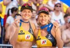 Karla Borger (r) und Julia Sude gewannen die Bronzemedaille. Foto: Expa/Florian Schroetter/APA/dpa