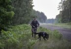 Ein Mitglied des litauischen Grenzschutzes patrouilliert im Juni mit einem Hund an der Grenze zu Belarus. Foto: Mindaugas Kulbis/AP/dpa