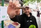Michael Blautzik von Bugoo zeigt eine Heuschrecke auf dem Lindener Marktplatz. Der Start-up-Gründer will Menschen zur Umstellung ihres Speiseplans auf Insekten ermutigen. Foto: Julian Stratenschulte/dpa