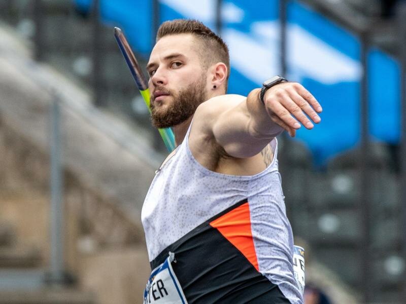 Speerwerfer Johannes Vetter beim Wettkampf im Berliner Olympiastadion. Foto: Andreas Gora/dpa