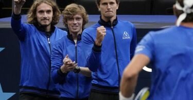 Spieler von Team Europa, (v.l.n.r.) Stefanos Tsitsipas, Andrey Rublev und Alexander Zverev. Foto: Elise Amendola/AP/dpa