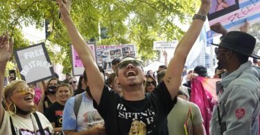 Britney Spears Unterstützer Brian Molina feiert vor dem Gerichtsgebäude in Los Angeles, wo ein Richter dem Vater von Britney Spears die Vormundschaft entzogen hat, die das Leben der Sängerin seit 13 Jahren kontrolliert. Foto: Chris Pizzello/AP/dpa