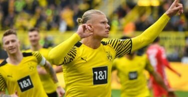 BVB-Stürmer Erling Haaland jubelt über seinen Treffer zum 2:0 gegen den FSV&nbsp;Mainz 05. Foto: Bernd Thissen/dpa