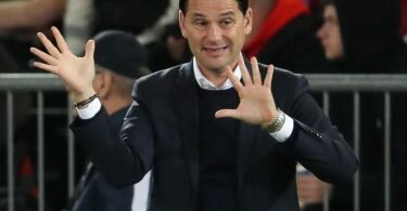 Will als Gruppenerster aus Sevilla zurückkehren: Leverkusens Trainer Gerardo Seoane gestikuliert. Foto: Friso Gentsch/dpa