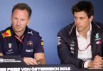 Christian Horner (l), Red Bull Racing Teamchef, und Toto Wolff, Mercedes-Motorsportchef, nehmen an einer Pressekonferenz teil. Foto: Georg Hochmuth/APA/dpa/Archivbild