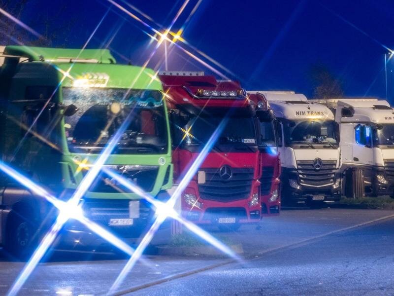 Parkenden Fernlaster stehen auf der Autobahnraststätte Fuchsberg. Foto: Jens Büttner/dpa-Zentralbild/dpa