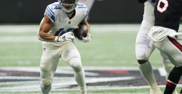 Lions-Receiver Amon-Ra St. Brown erzielte gegen die Falcons seinen dritten Karriere-Touchdown. Foto: John Bazemore/AP/dpa