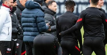 Beim Abschlusstraining von RB Leipzig hat Trainer Domenico Tedesco das Team um sich versammelt. Foto: Christian Modla/dpa