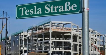 Die Tesla-Baustelle mit dem Rohbau für die künftige Batteriefabrik. Foto: Patrick Pleul/dpa-Zentralbild/dpa