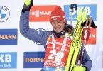 Die Biathletin Denise Herrmann geht nach ihrem Sieg im Sprint als Erste in das Verfolgungsrennen. Foto: Vesa Moilanen/Lehtikuva/dpa