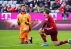Thomas Müller (r) und Torwart Sven Ulreich von Bayern München knien nach dem Eigentor von Müller auf dem Rasen. Foto: Sven Hoppe/dpa