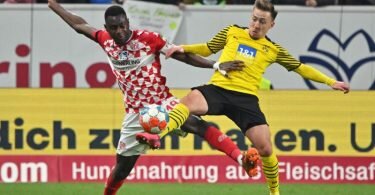 Der Mainzer Moussa Niakhate (l) und Dortmunds Felix Passlack kämpfen um den Ball. Foto: Torsten Silz/dpa