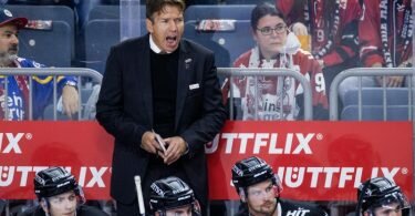 Haie-Trainer Uwe Krupp steht hinter der Kölner Bank. Foto: Rolf Vennenbernd/dpa