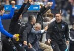 Das Trainerteam von Hertha BSC&nbsp;feiert den Führungstreffer. Foto: Andreas Gora/dpa