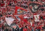 Fans von VfB Stuttgart feuern ihr Team aus dem Gästeblock des Olympiastadions an. Foto: Andreas Gora/dpa
