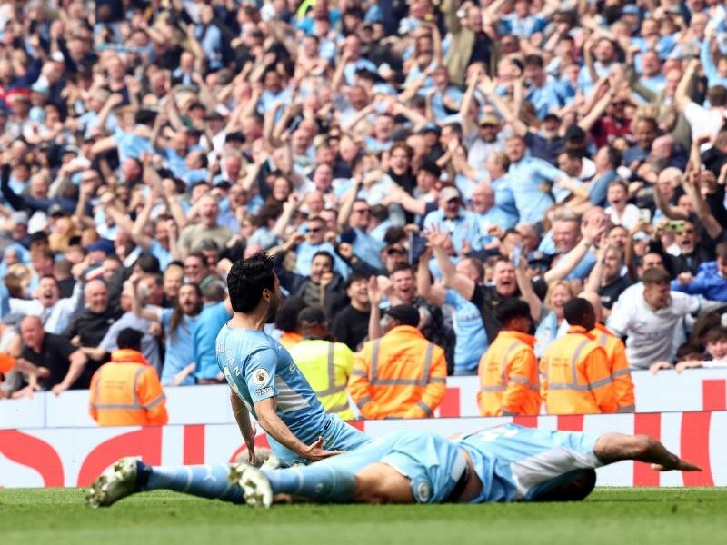 Tor ins Glück: Mit dem 3:2 von Ilkay Gündogan sichert sich City den Titel. Foto: Darren Staples/CSM via ZUMA Press Wire/dpa