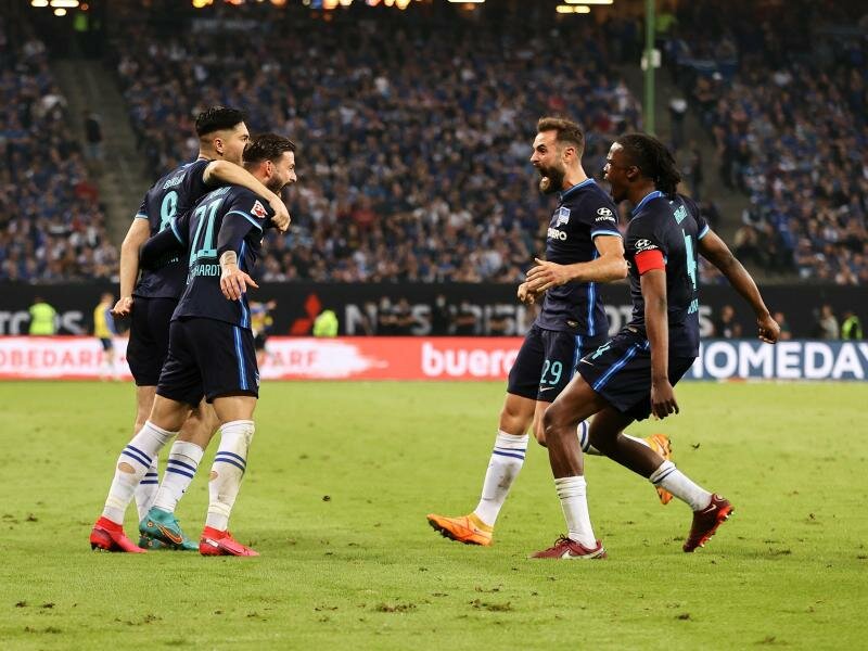 Jubel in Hamburg: Hertha BSC konnte den Abstieg doch noch abwenden. Foto: Christian Charisius/dpa