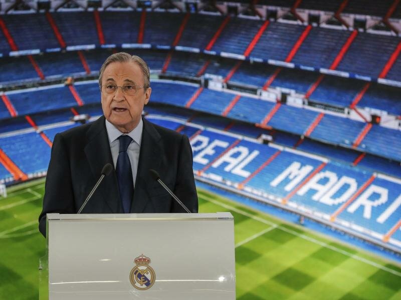 Florentino Pérez, Präsident des Real Madrid, will weiterhin eine Super League. Foto: Manu Fernandez/AP/dpa/Archivbild
