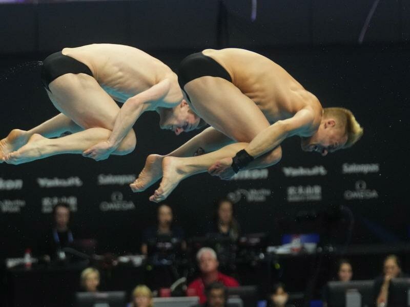 Timo Barthel (r) und Lars Rüdiger holten sich in Budapest die Bronzemedaille vom Drei-Meter-Brett. Foto: Petr David Josek/AP/dpa