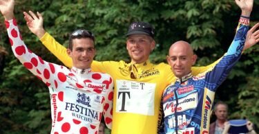 Historischer Moment: Jan Ullrich (M) gewinnt 1997 als erster Deutscher die Tour de France. Foto: Oliver Berg/dpa