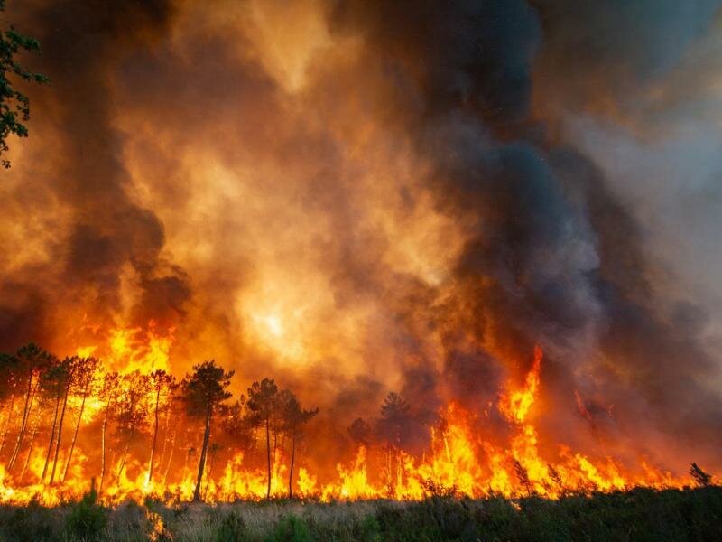 Starke Winde und heißes, trockenes Wetter erschweren die Bemühungen der französischen Feuerwehr, einen riesigen Waldbrand im Südwesten des Landes einzudämmen. Foto: Uncredited/Service Communication-Protocole SDIS 33/AP/dpa