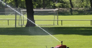 Ein Rasensprenger bewässert eine Sportanlage in Brandenburg. Foto: Paul Zinken/dpa-zb-Zentralbild/dpa
