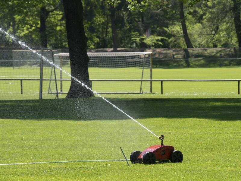 Ein Rasensprenger bewässert eine Sportanlage in Brandenburg. Foto: Paul Zinken/dpa-zb-Zentralbild/dpa