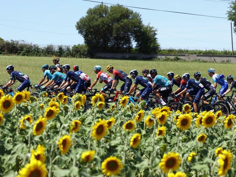 Das Fahrerfeld auf dem Weg Richtung Carcassonne. Foto: David Pintens/BELGA/dpa