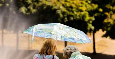 Zwei Frauen schützen sich am Kölner Rheinufermit einem Regenschirm vor der Sonne. Derzeit liegt der Hitzerekord in Deutschland bei 41,2 Grad. Foto: Rolf Vennenbernd/dpa