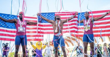 Dreifachsieg der USA über 200 Meter im Finale: Dritter Erriyon Knighton (r), der Sieger Noah Lyles (M) und Kenneth Bednarek. Foto: Michael Kappeler/dpa