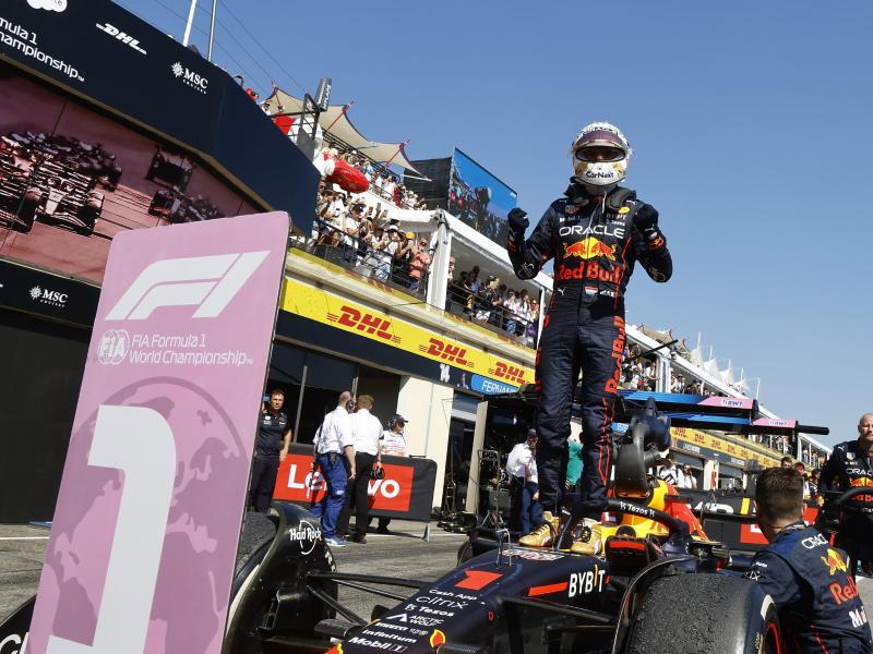 Max Verstappen feiert auf seinem Rennwagen stehend seinen Sieg. Foto: Eric Gaillard/Pool Reuters/AP/dpa