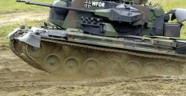 Ein Flugabwehrpanzer vom Typ Gepard auf dem Truppenübungsplatz in Munster in Niedersachsen. Foto: Maurizio Gambarini/dpa