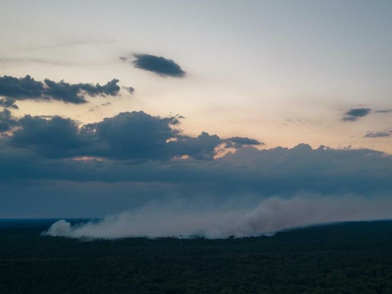 Die Rauchwolke über der Brandstelle im Grunewald in der Dämmerun. Das Feuer hat sich in der Nacht nicht über den Sperrkreis hinaus ausgebreitet. Foto: Christian Ender/dpa