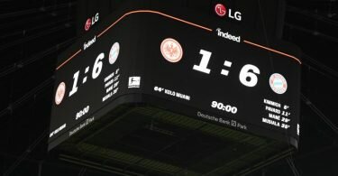 Das Ergebnis von 1:6 gegen Bayern München wird auf dem Videowürfel im Frankfurter Stadion angezeigt. Foto: Arne Dedert/dpa
