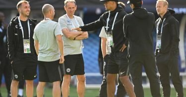 Frankfurts Mario Götze (l-r), Athletiktrainer Markus Murrer, Potenzialtrainer Martin Daxl, Timothy Chandler, Makoto Hasebe und Sebastian Rode stehen bei der Besichtigung des Spielfelds auf dem Rasen. Foto: Arne Dedert/dpa