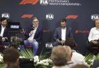 FIA-Präsident Mohammed Ben Sulayem (l-r), Audi-Chef Markus Duesmann, Audi-Entwicklungsvorstand Oliver Hoffman und Formel-1-Chef Stefano Domenicali bei einer Pressekonferenz. Foto: Olivier Matthys/AP/dpa