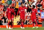 Die Spieler vom FC Liverpool feiern den Treffer von Virgil van Dijk (M) zum 5:0. Foto: Peter Byrne/PA Wire/dpa