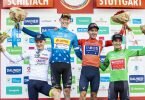Georg Zimmermann (l-r), bester junger Fahrer, Jakob Geßner, Sieger der Bergwertung, Gesamtsieger Adam Yates und Pello Bilbao Lopez, der beste Sprinter. Foto: Tom Weller/dpa