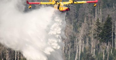 Ein italienisches Löschflugzeug bekämpft einen Waldbrand am Brocken. Hunderte Einsatzkräfte bekämpfen einen großen Waldbrand im Harz. Foto: Julian Stratenschulte/dpa